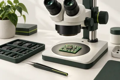 Concept illustration of a stereo microscope inspecting a circuit board, with component trays and tweezers.