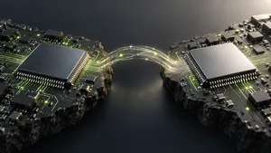 AI-generated illustration of two separate semiconductor assemblies and a proposed connecting bridge.
