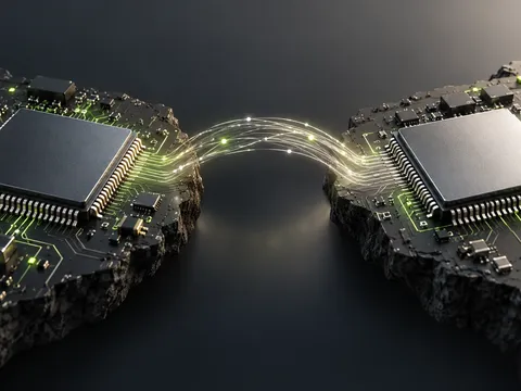 AI-generated illustration of two separate semiconductor assemblies and a proposed connecting bridge.