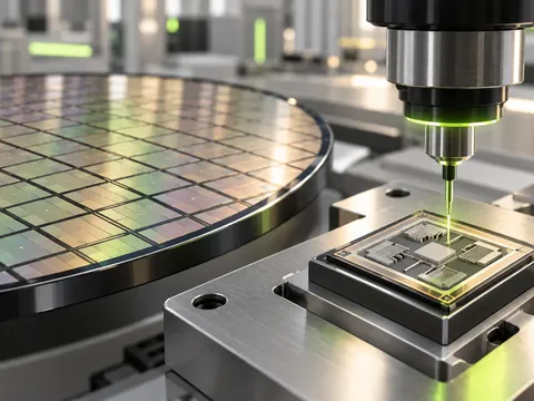 AI-generated illustration of a conceptual sensor chip, wafer and precision measurement probe.