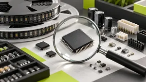 AI-generated illustration of a magnifying lens examining electronic component samples.