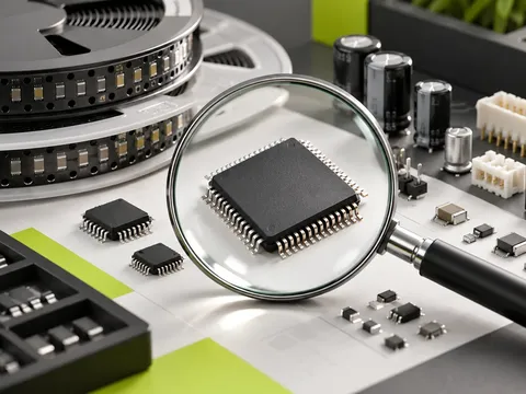 AI-generated illustration of a magnifying lens examining electronic component samples.