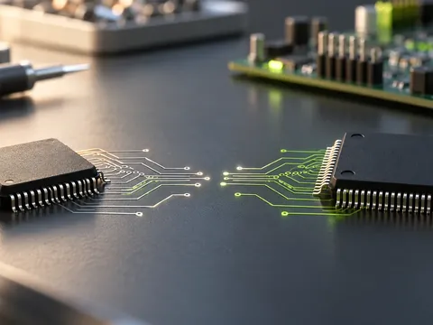 AI-generated illustration of two generic microcontrollers with approaching circuit traces.