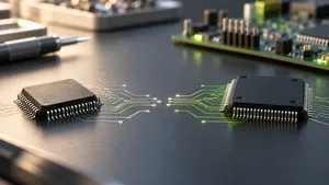 AI-generated illustration of two generic microcontrollers with approaching circuit traces.