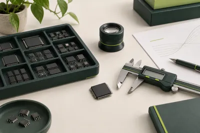 Concept illustration of electronic components, a precision caliper, magnifying lens and documentation.