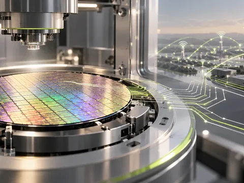 AI-generated illustration of a conceptual semiconductor wafer processing system and wireless network.