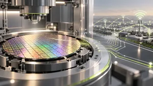 AI-generated illustration of a conceptual semiconductor wafer processing system and wireless network.