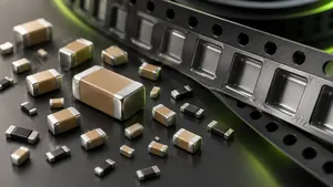 AI-generated illustration of capacitors, resistors and empty carrier tape pockets.