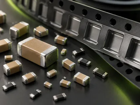 AI-generated illustration of capacitors, resistors and empty carrier tape pockets.