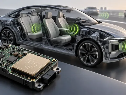 AI-generated illustration of automotive radar sensing around an unbranded car.