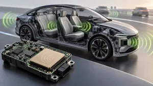 AI-generated illustration of automotive radar sensing around an unbranded car.