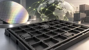 AI-generated illustration of an almost-empty semiconductor tray and global supply network.