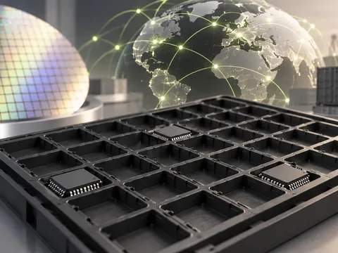AI-generated illustration of an almost-empty semiconductor tray and global supply network.
