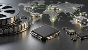 AI-generated illustration of a selected integrated circuit and connected component supply network.