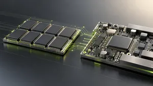 AI-generated illustration of a memory-chip assembly separated from supporting circuitry.