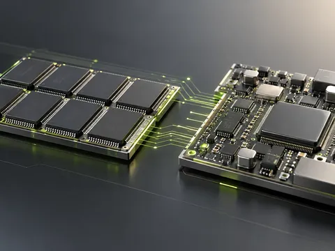 AI-generated illustration of a memory-chip assembly separated from supporting circuitry.