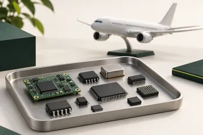 Electronic components beside a model passenger aircraft, illustrating aerospace component sourcing.