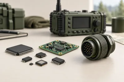 Concept illustration of electronic components and a rugged connector beside a field communications radio.